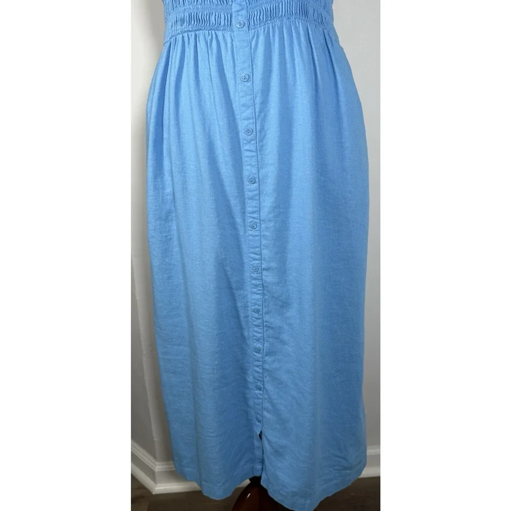 Blue Smocked Midi Dress Faux Button Front Linen Blend Boho Coastal Minimalist XL - Picture 7 of 15